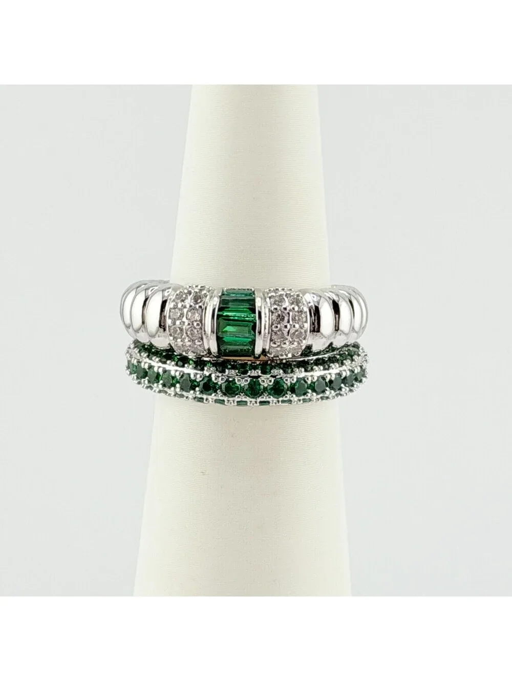 Bomb Party May 2pc Ring Size 7 “Evergreen” Lab Created Emerald on Rhodium